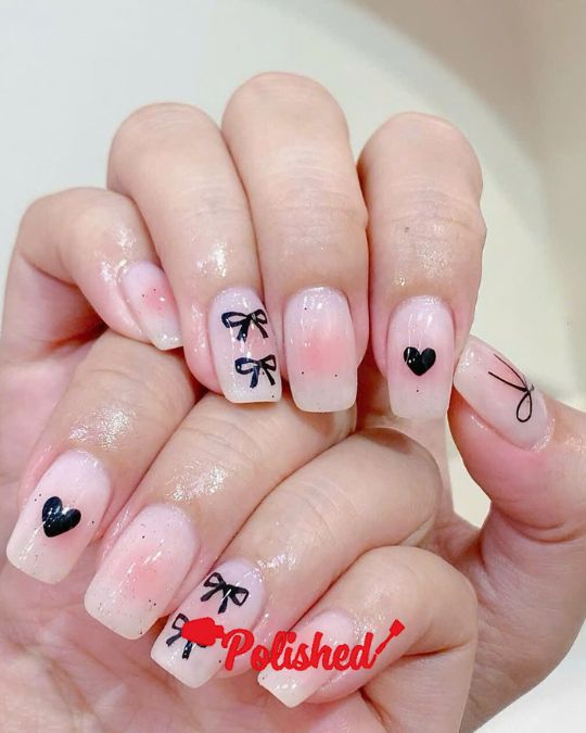 Black Bows and Hearts on pink ombre nails