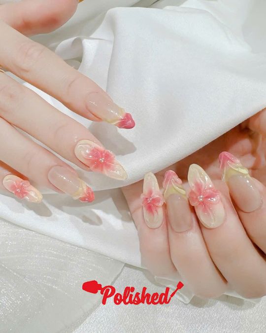 Blooming Cherry Pink and white almond nails