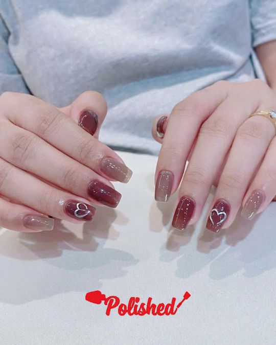Burgundy Bliss Hearts Square-tipped nails