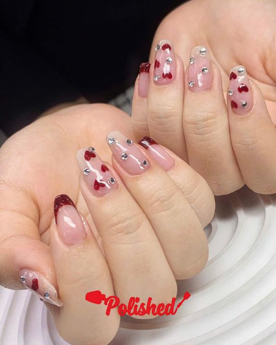 Red Hearts and Gems on short coffin nails for Valentine's Day Nail