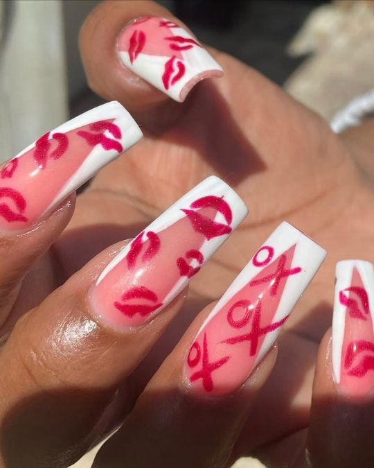 Pink ombré coffins with white tips, red lips, "XOXO" designs.
