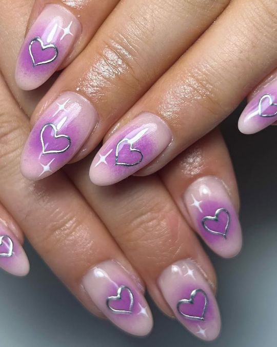 Lilac Love Shimmer nails with silver heart outlines 
