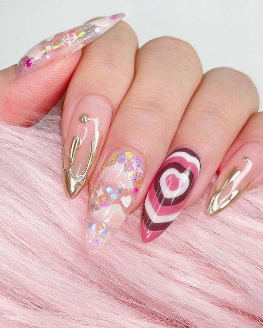 Stiletto nails showcasing diverse designs for a romantic dating night