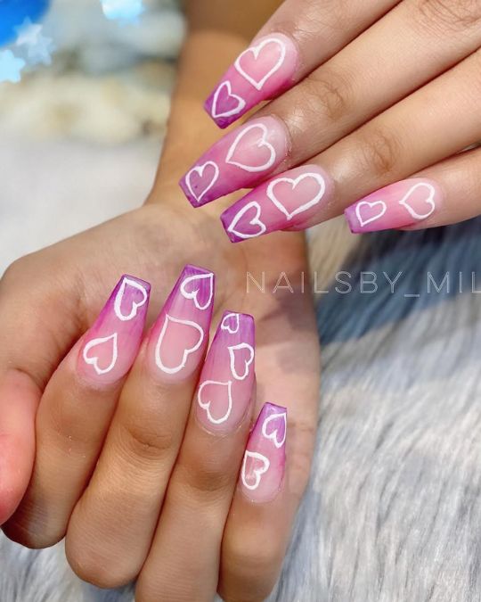 Long coffin nails with pink-to-purple ombré background Ombré Hearts Cascade