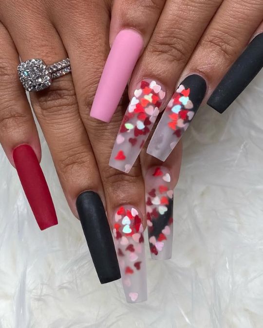 Long coffin nails Bold Hearts Confetti Fusion