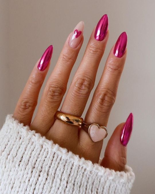 mirror-finish fuchsia stiletto nails for Valentine Day