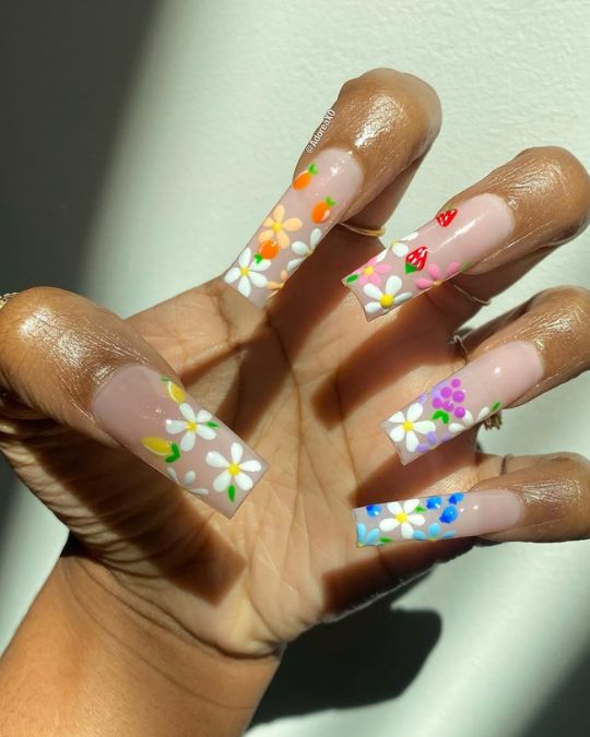 45 Best Summer Nail Ideas to Heat Up Your Style 36 cute daisies and fruity accents long square nails