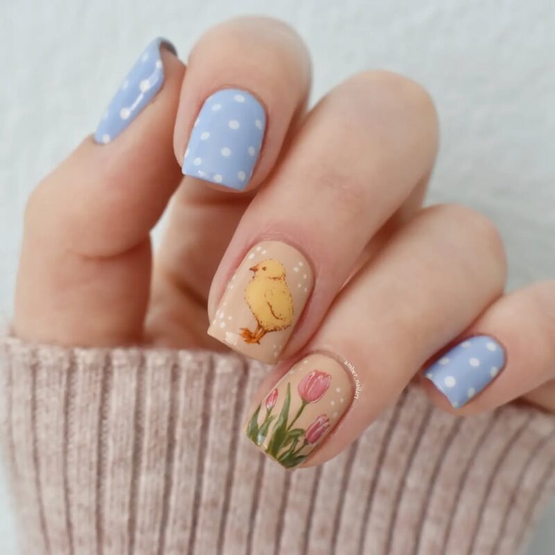 20 Instagram-Worthy Easter Nail Art Trends for 2025 3 short square nails with easter-themed