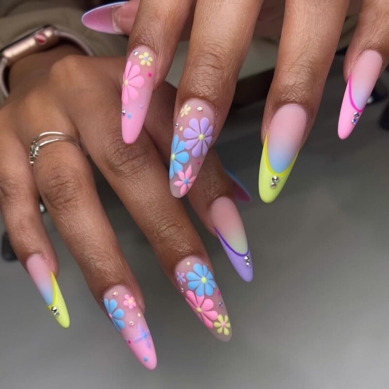 20 Instagram-Worthy Easter Nail Art Trends for 2025 9 long floral almond nails with matte finish for Easter seasons