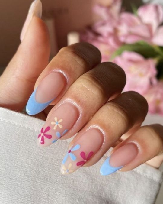 45 Best Summer Nail Ideas to Heat Up Your Style 9 Long almond nails french tips with pastel blue and hand drawing flowers