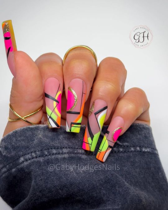45 Best Summer Nail Ideas to Heat Up Your Style 35 long matte coffin nails with geometric patterns and vibrant colors