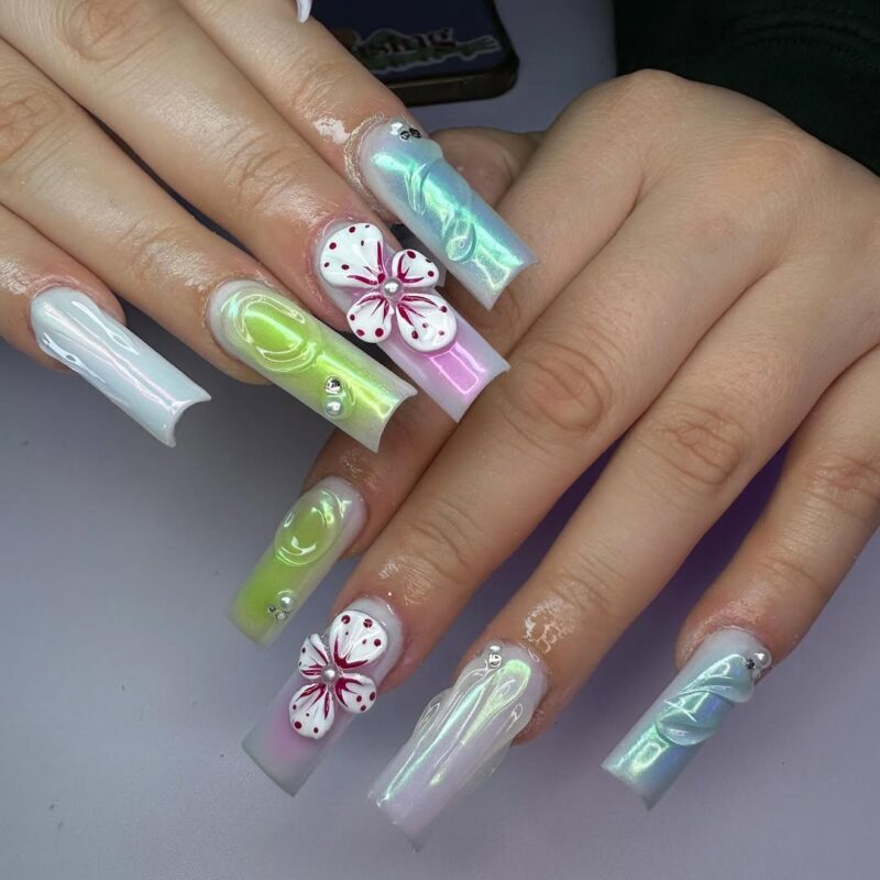 20 Instagram-Worthy Easter Nail Art Trends for 2025 8 long square nails 3D flowers and swirls