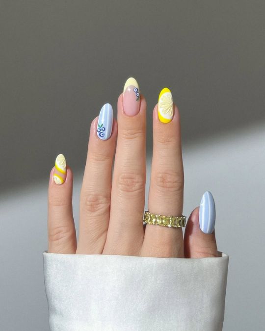 45 Best Summer Nail Ideas to Heat Up Your Style 37 lemon and sweet blueberry almond nails for summer