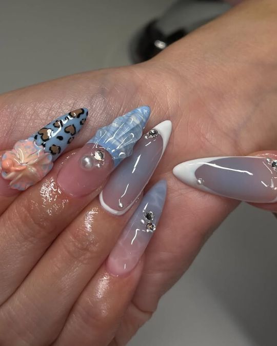 45 Best Summer Nail Ideas to Heat Up Your Style 29 blue marble, peach florals, and leopard print on long almond nails