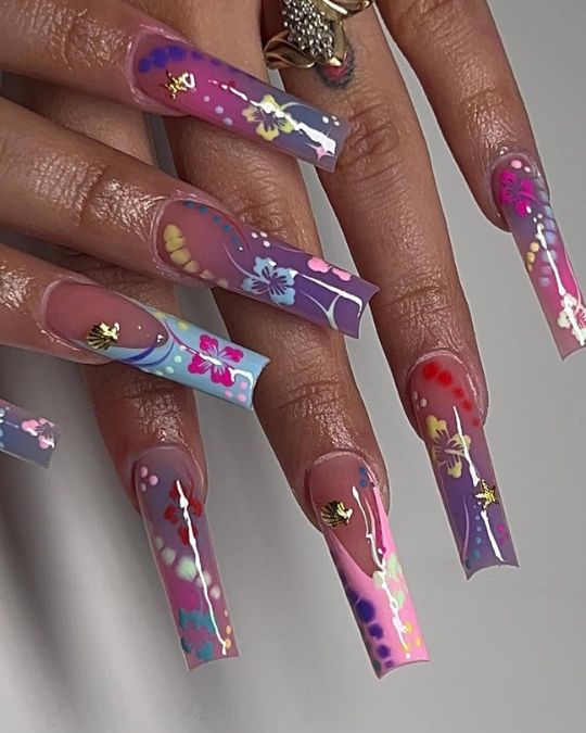 45 Best Summer Nail Ideas to Heat Up Your Style 28 long square nails mix of flowers, butterflies, and golden accents on French manicure