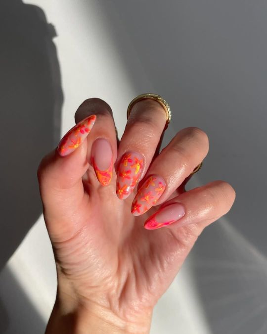 45 Best Summer Nail Ideas to Heat Up Your Style 14 almond mismatched nails with french tips and neon flowers