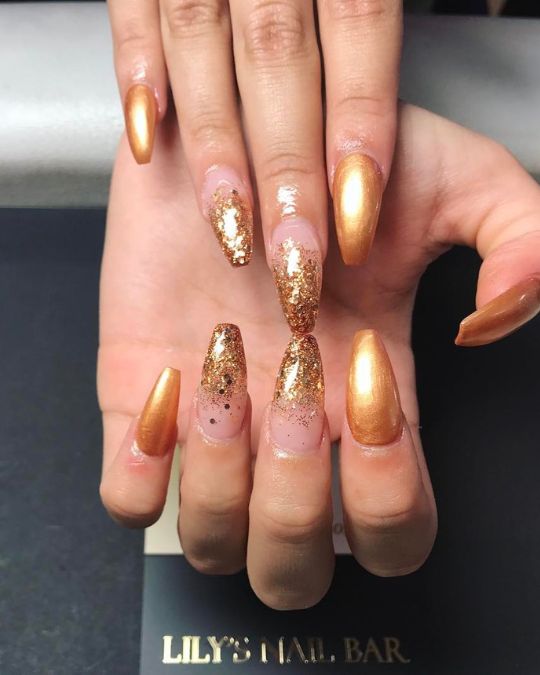45 Best Summer Nail Ideas to Heat Up Your Style 45 shimmering gold and delicate glitter gradient long coffin nails for summer wedding events