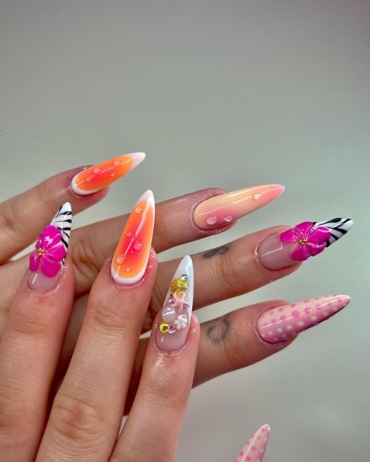 45 Best Summer Nail Ideas to Heat Up Your Style 27 3D tropical flowers, and cute sea life charms inspired from ocean on long almond nails