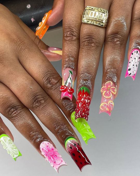45 Best Summer Nail Ideas to Heat Up Your Style 41 tropical fruits inspired on long square summer nails