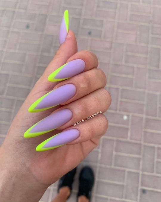 45 Best Summer Nail Ideas to Heat Up Your Style 46 matte lavender base with neon green tips on stiletto nails
