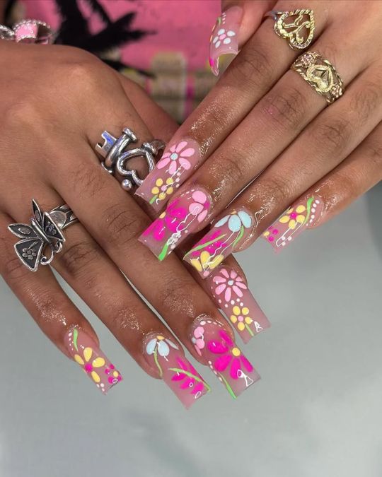 45 Best Summer Nail Ideas to Heat Up Your Style 20 Pink and yellow flowers on sheer base long square nails