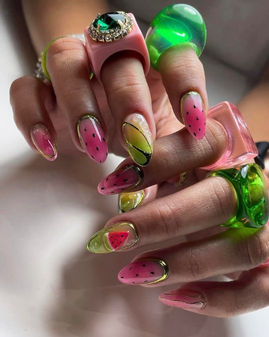 45 Best Summer Nail Ideas to Heat Up Your Style 44 watermelon inspired long almond jelly nails