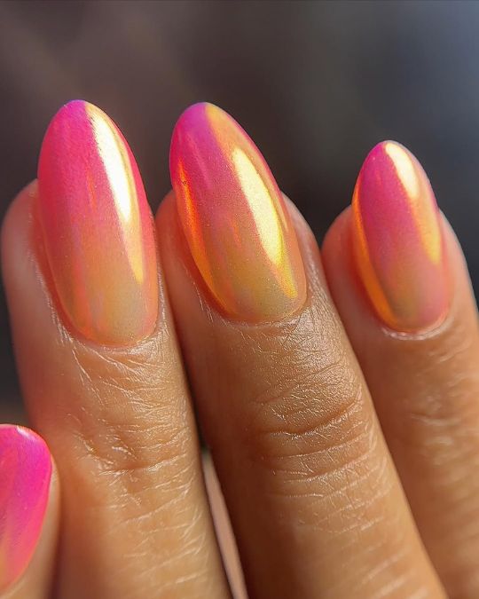 45 Best Summer Nail Ideas to Heat Up Your Style 13 pink-to-gold chrome almond nails featuring summer sunset