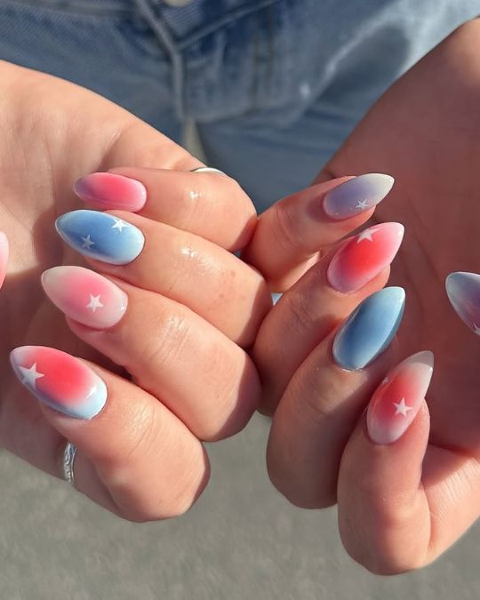 45 Best Summer Nail Ideas to Heat Up Your Style 31 short almond nails with red, white, and blue colors inspired from 4th of july