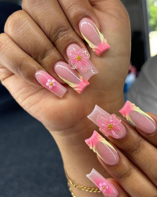 45 Best Summer Nail Ideas to Heat Up Your Style 23 long nails with different shades of pink and transparent 3D flowers