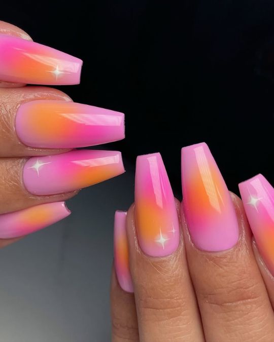 45 Best Summer Nail Ideas to Heat Up Your Style 25 Pink and orange perfectly blend together featuring a summer sunset on long coffin nails