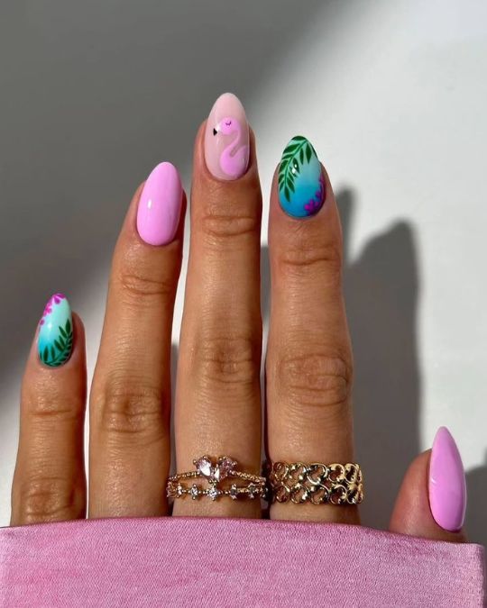 45 Best Summer Nail Ideas to Heat Up Your Style 6 hand drawing pink flamingo and turquoise palm on almond nails