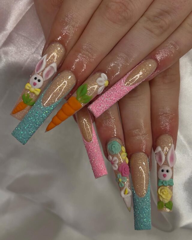 20 Instagram-Worthy Easter Nail Art Trends for 2025 16 dazzling 3D acrylic Easter - inspired long square nails
