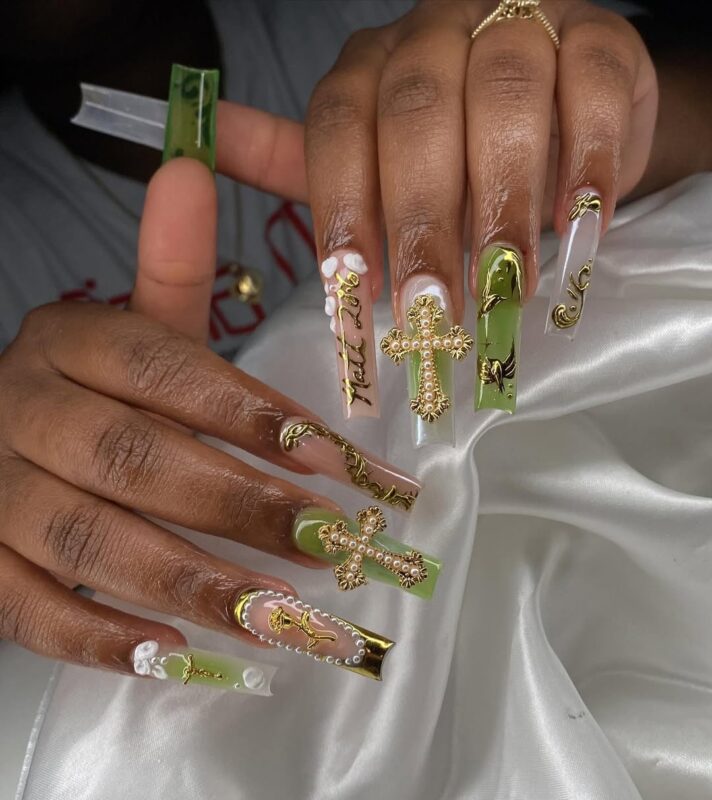 20 Instagram-Worthy Easter Nail Art Trends for 2025 19 Long, almond-shaped, gold-accented, pearl-adorned, cross-embellished, green-tinted, intricate, elegant, religious-themed, luxurious.