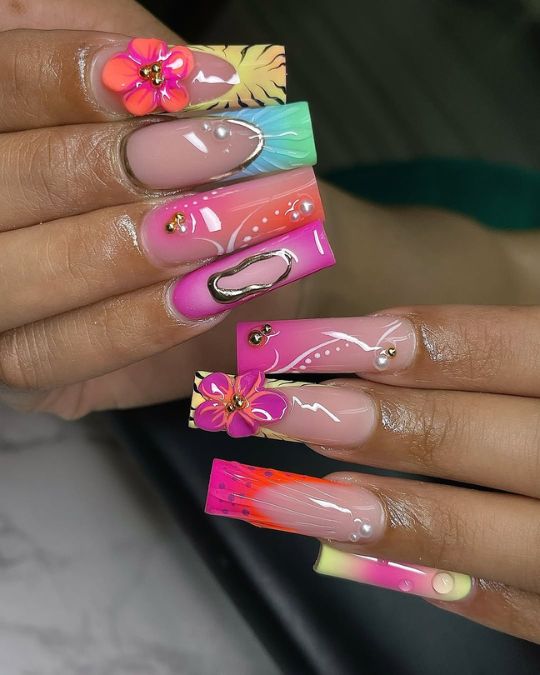 45 Best Summer Nail Ideas to Heat Up Your Style 16 Long square nails with 3D flowers pop against vibrant color french tips