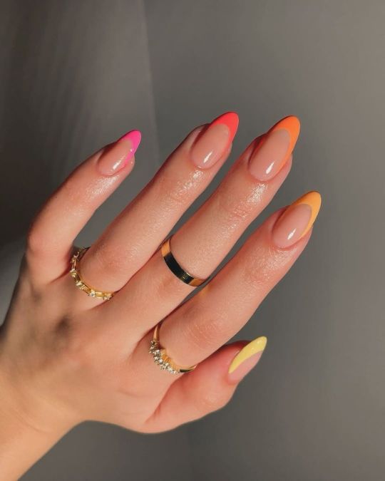 45 Best Summer Nail Ideas to Heat Up Your Style 4 almond shaped nails with bright colors french tip for summer nails