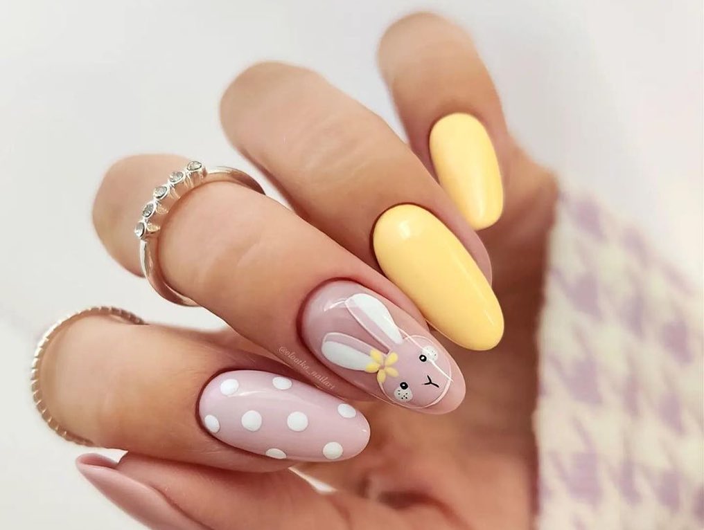 20 Instagram-Worthy Easter Nail Art Trends for 2025 13 adorable bunny face and polka dots for Easter nails