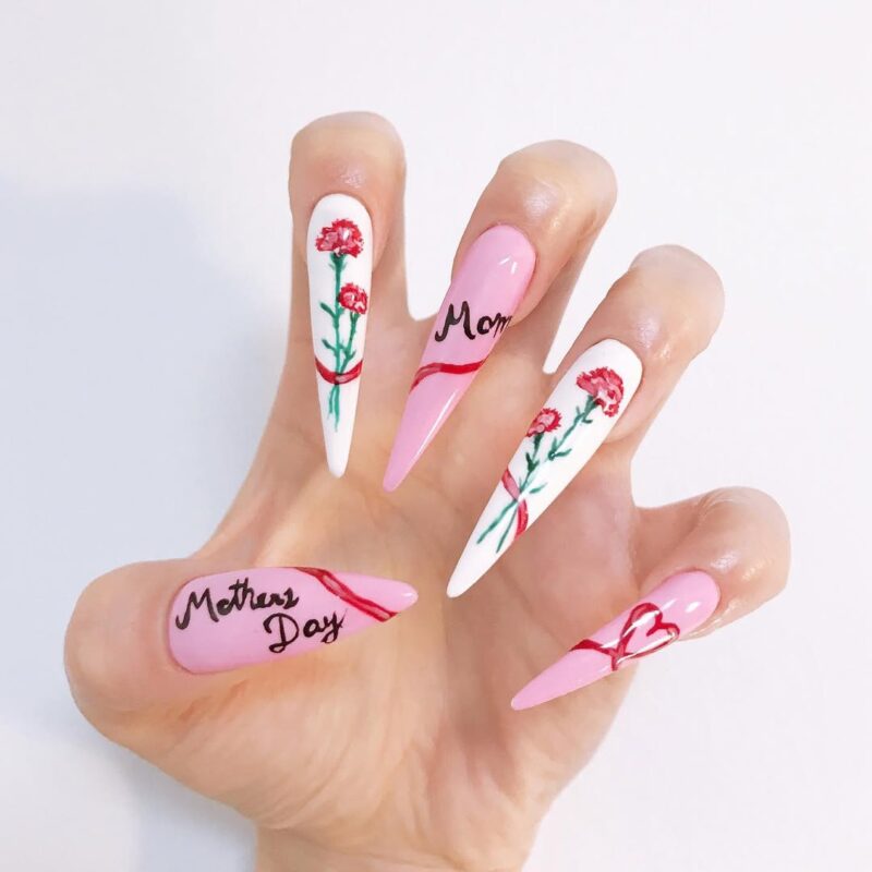 25 Adorable Mother's Day Nail Art Designs to Celebrate Motherhood 16 ayanexh Carnation Mom Tribute