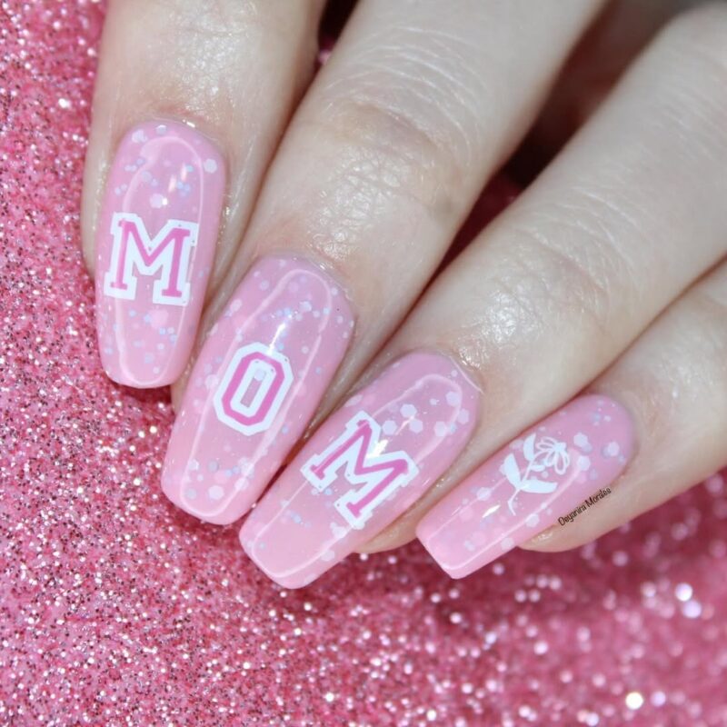 25 Adorable Mother's Day Nail Art Designs to Celebrate Motherhood 15 deyanira nail Varsity Mom Pink Love