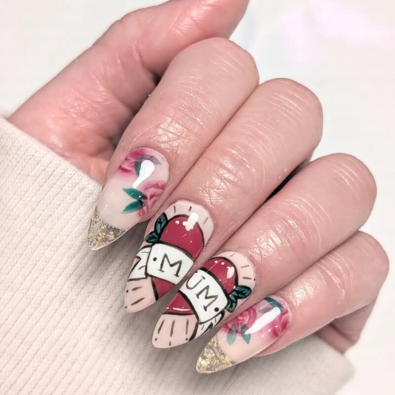 25 Adorable Mother's Day Nail Art Designs to Celebrate Motherhood 22 helendidmynails Tattoo Heart Mom Nails