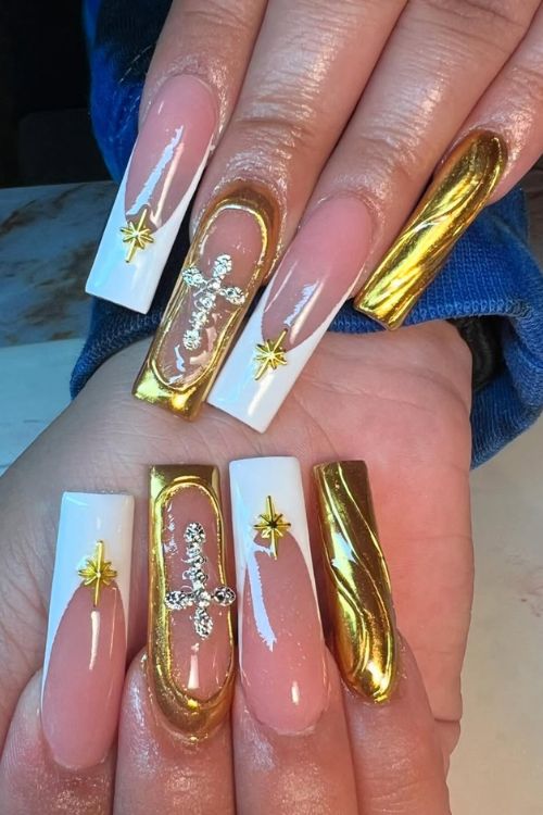 30 Stunning Graduation Nail Designs to Celebrate Your Big Day in 2025 17 itsjojosnails Heavenly Gold Accents